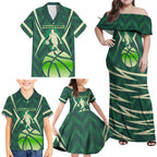 Australian Boomers Basketball Family Matching Off Shoulder Maxi Dress and Hawaiian Shirt Green Hexagon Camo Style With Dynamic Slam Dunk Graphic