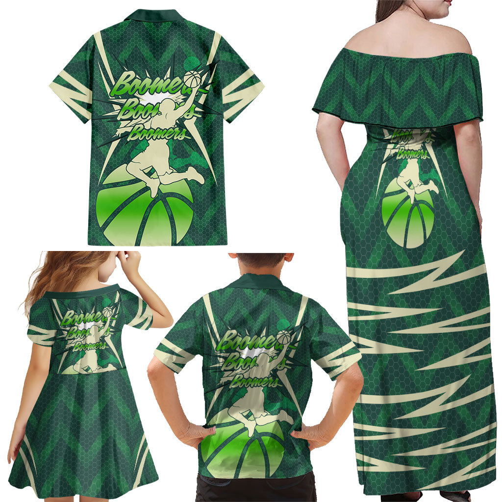 Australian Boomers Basketball Family Matching Off Shoulder Maxi Dress and Hawaiian Shirt Green Hexagon Camo Style With Dynamic Slam Dunk Graphic