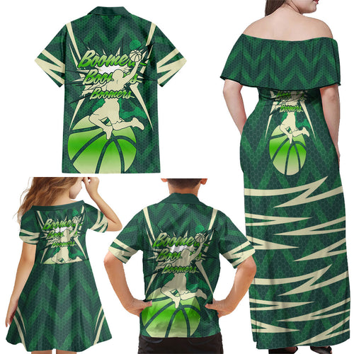 Australian Boomers Basketball Family Matching Off Shoulder Maxi Dress and Hawaiian Shirt Green Hexagon Camo Style With Dynamic Slam Dunk Graphic