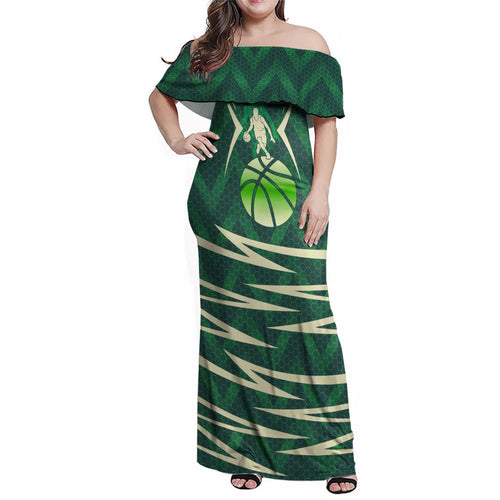 Australian Boomers Basketball Family Matching Off Shoulder Maxi Dress and Hawaiian Shirt Green Hexagon Camo Style With Dynamic Slam Dunk Graphic