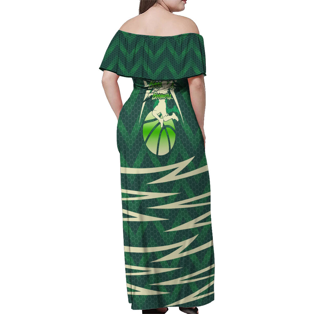 Australian Boomers Basketball Family Matching Off Shoulder Maxi Dress and Hawaiian Shirt Green Hexagon Camo Style With Dynamic Slam Dunk Graphic