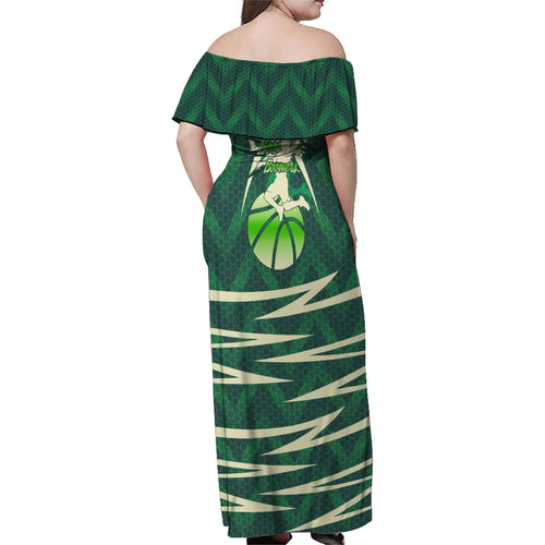 Australian Boomers Basketball Family Matching Off Shoulder Maxi Dress and Hawaiian Shirt Green Hexagon Camo Style With Dynamic Slam Dunk Graphic