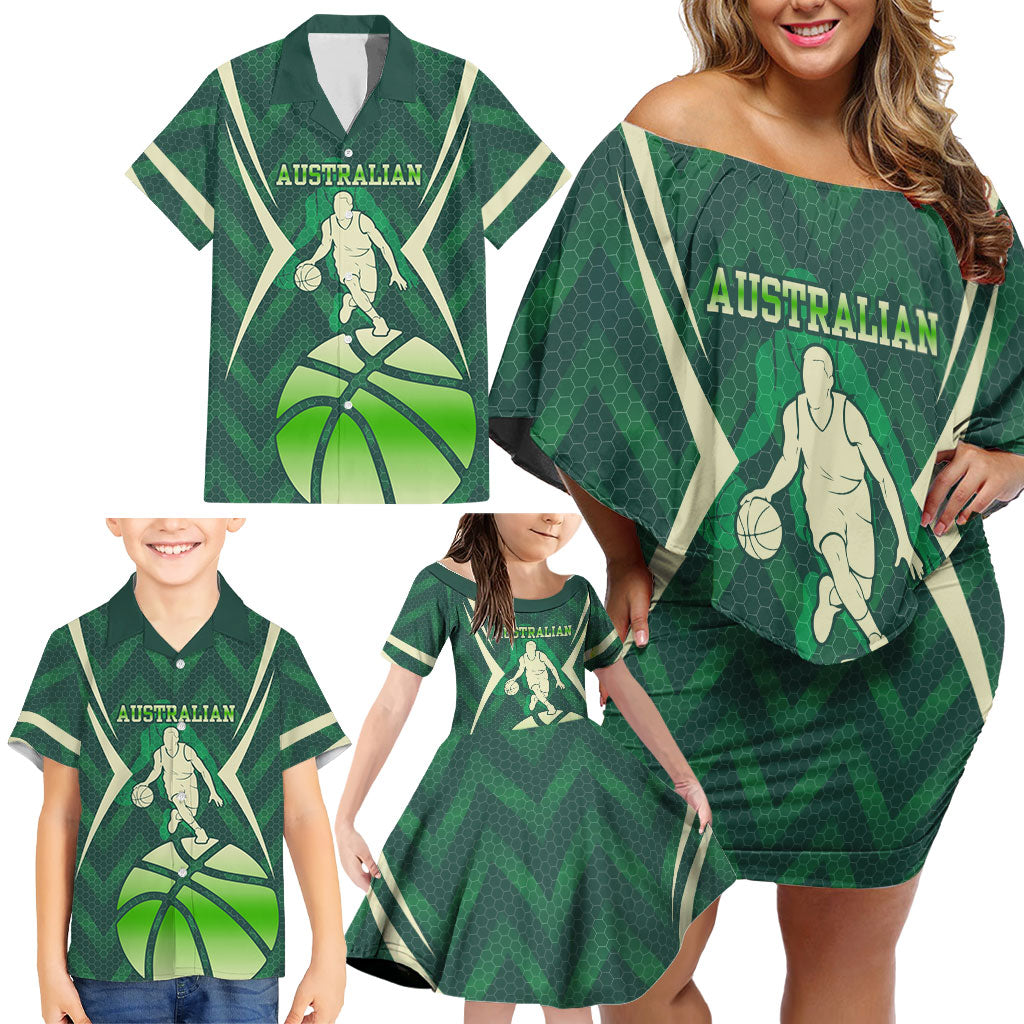 Australian Boomers Basketball Family Matching Off Shoulder Short Dress and Hawaiian Shirt Green Hexagon Camo Style With Dynamic Slam Dunk Graphic