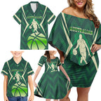 Australian Boomers Basketball Family Matching Off Shoulder Short Dress and Hawaiian Shirt Green Hexagon Camo Style With Dynamic Slam Dunk Graphic