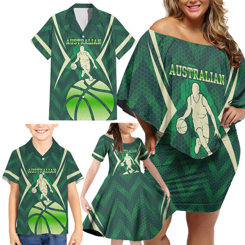 Australian Boomers Basketball Family Matching Off Shoulder Short Dress and Hawaiian Shirt Green Hexagon Camo Style With Dynamic Slam Dunk Graphic