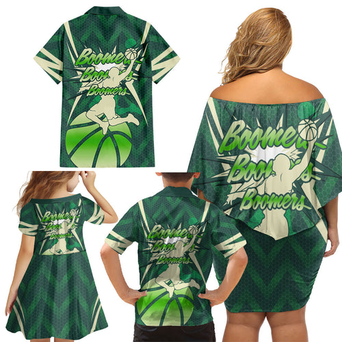 Australian Boomers Basketball Family Matching Off Shoulder Short Dress and Hawaiian Shirt Green Hexagon Camo Style With Dynamic Slam Dunk Graphic