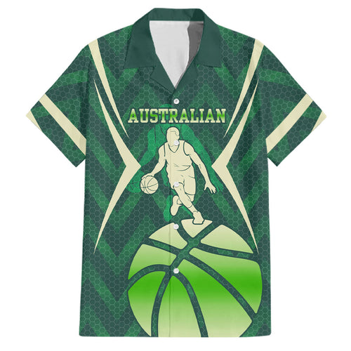 Australian Boomers Basketball Family Matching Off Shoulder Short Dress and Hawaiian Shirt Green Hexagon Camo Style With Dynamic Slam Dunk Graphic