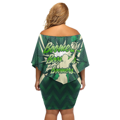 Australian Boomers Basketball Family Matching Off Shoulder Short Dress and Hawaiian Shirt Green Hexagon Camo Style With Dynamic Slam Dunk Graphic