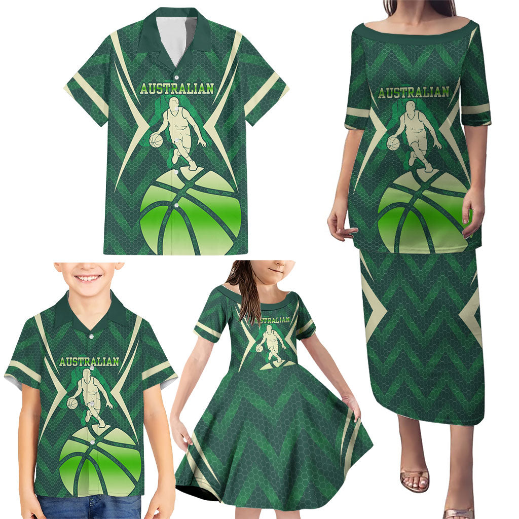 Australian Boomers Basketball Family Matching Puletasi and Hawaiian Shirt Green Hexagon Camo Style With Dynamic Slam Dunk Graphic