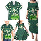 Australian Boomers Basketball Family Matching Puletasi and Hawaiian Shirt Green Hexagon Camo Style With Dynamic Slam Dunk Graphic