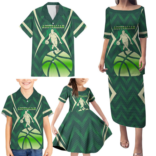 Australian Boomers Basketball Family Matching Puletasi and Hawaiian Shirt Green Hexagon Camo Style With Dynamic Slam Dunk Graphic