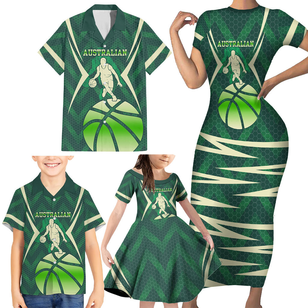 Australian Boomers Basketball Family Matching Short Sleeve Bodycon Dress and Hawaiian Shirt Green Hexagon Camo Style With Dynamic Slam Dunk Graphic