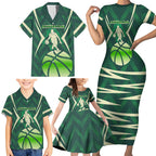 Australian Boomers Basketball Family Matching Short Sleeve Bodycon Dress and Hawaiian Shirt Green Hexagon Camo Style With Dynamic Slam Dunk Graphic