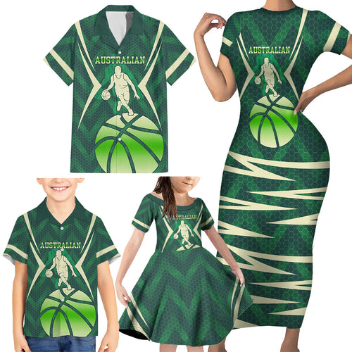 Australian Boomers Basketball Family Matching Short Sleeve Bodycon Dress and Hawaiian Shirt Green Hexagon Camo Style With Dynamic Slam Dunk Graphic