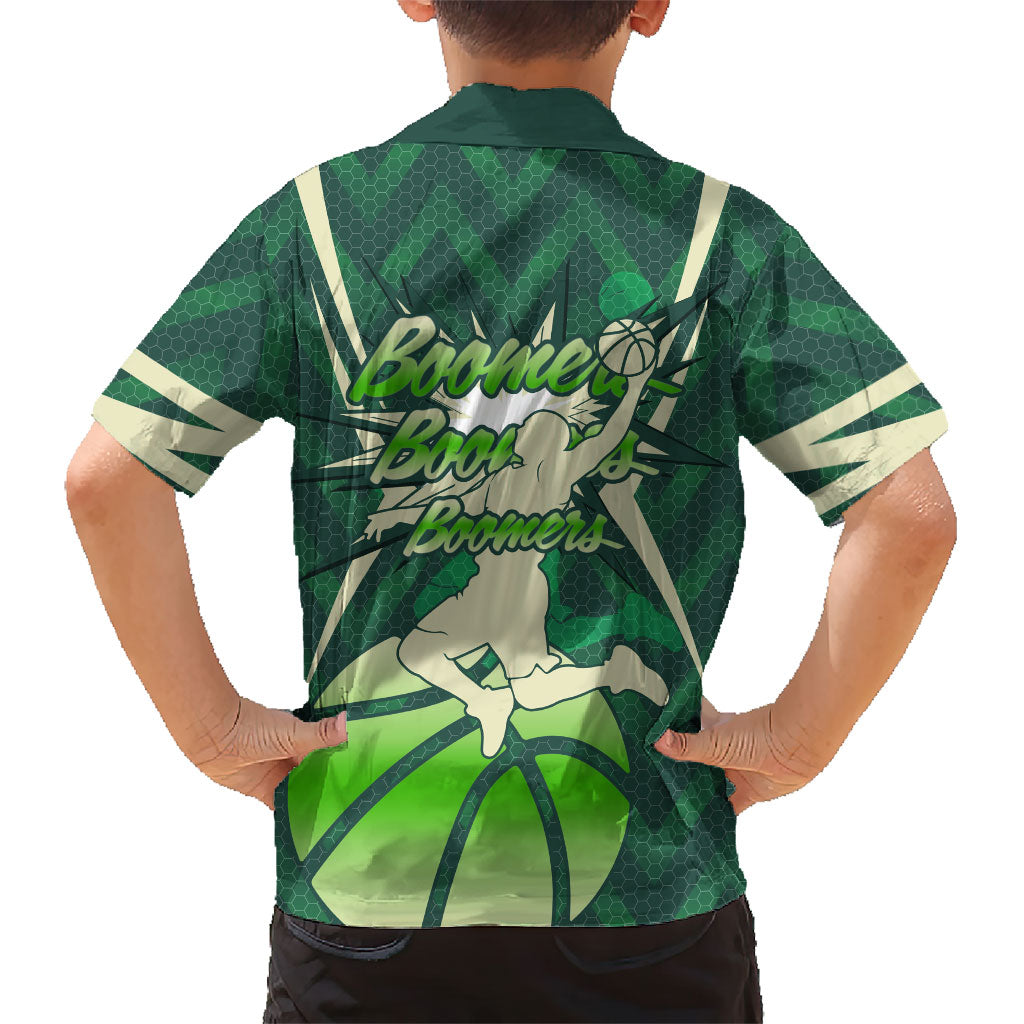 Australian Boomers Basketball Family Matching Short Sleeve Bodycon Dress and Hawaiian Shirt Green Hexagon Camo Style With Dynamic Slam Dunk Graphic