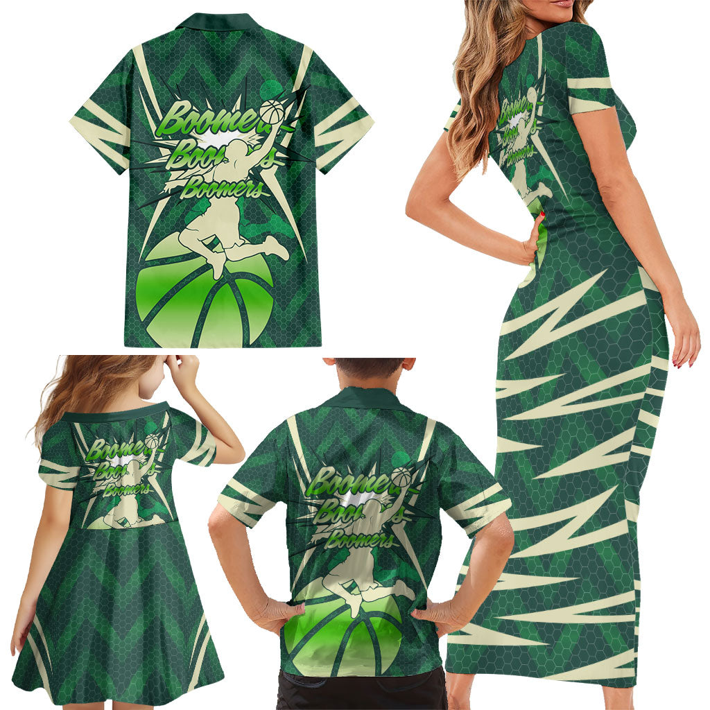 Australian Boomers Basketball Family Matching Short Sleeve Bodycon Dress and Hawaiian Shirt Green Hexagon Camo Style With Dynamic Slam Dunk Graphic