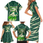Australian Boomers Basketball Family Matching Short Sleeve Bodycon Dress and Hawaiian Shirt Green Hexagon Camo Style With Dynamic Slam Dunk Graphic