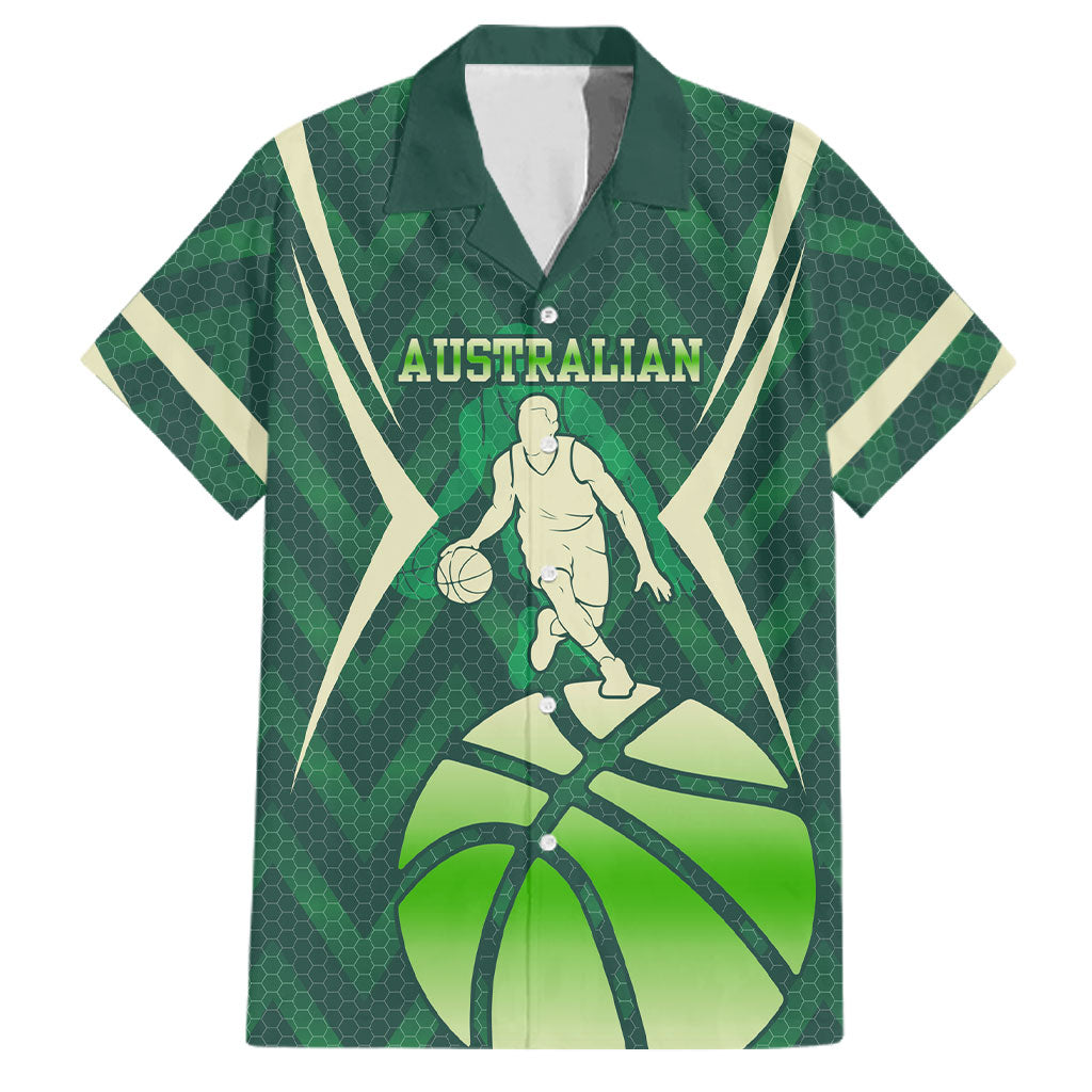 Australian Boomers Basketball Family Matching Short Sleeve Bodycon Dress and Hawaiian Shirt Green Hexagon Camo Style With Dynamic Slam Dunk Graphic