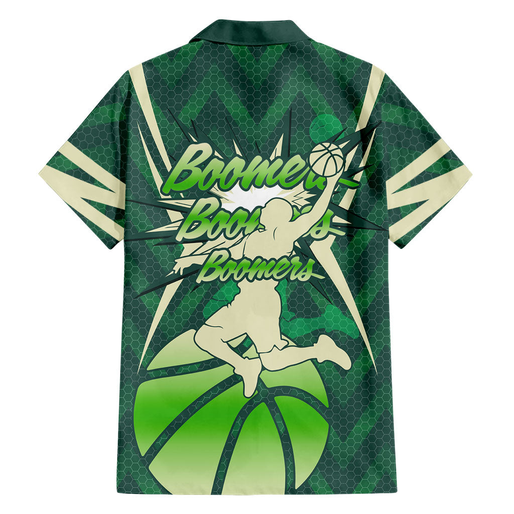Australian Boomers Basketball Family Matching Short Sleeve Bodycon Dress and Hawaiian Shirt Green Hexagon Camo Style With Dynamic Slam Dunk Graphic