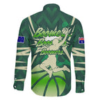 Australian Boomers Basketball Family Matching Short Sleeve Bodycon Dress and Hawaiian Shirt Green Hexagon Camo Style With Dynamic Slam Dunk Graphic