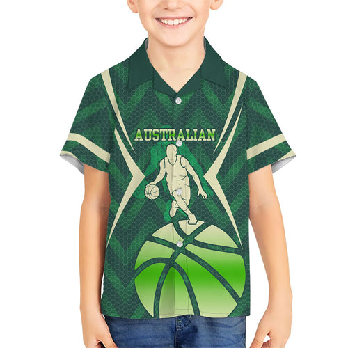 Australian Boomers Basketball Family Matching Short Sleeve Bodycon Dress and Hawaiian Shirt Green Hexagon Camo Style With Dynamic Slam Dunk Graphic