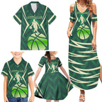 Australian Boomers Basketball Family Matching Summer Maxi Dress and Hawaiian Shirt Green Hexagon Camo Style With Dynamic Slam Dunk Graphic
