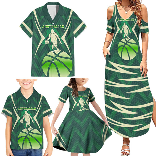Australian Boomers Basketball Family Matching Summer Maxi Dress and Hawaiian Shirt Green Hexagon Camo Style With Dynamic Slam Dunk Graphic
