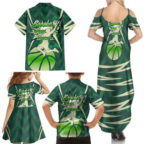 Australian Boomers Basketball Family Matching Summer Maxi Dress and Hawaiian Shirt Green Hexagon Camo Style With Dynamic Slam Dunk Graphic