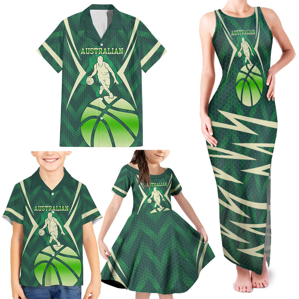 Australian Boomers Basketball Family Matching Tank Maxi Dress and Hawaiian Shirt Green Hexagon Camo Style With Dynamic Slam Dunk Graphic