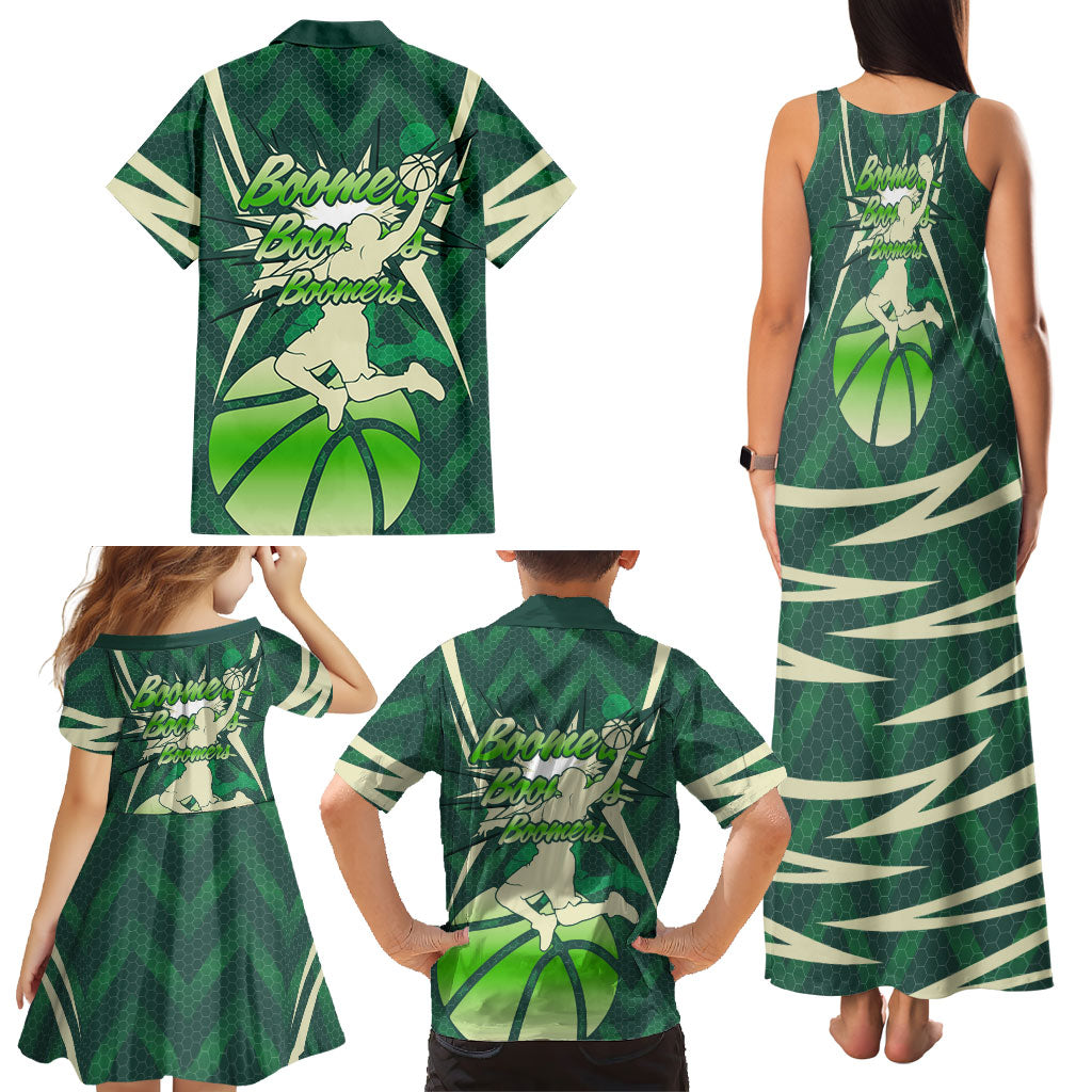 Australian Boomers Basketball Family Matching Tank Maxi Dress and Hawaiian Shirt Green Hexagon Camo Style With Dynamic Slam Dunk Graphic