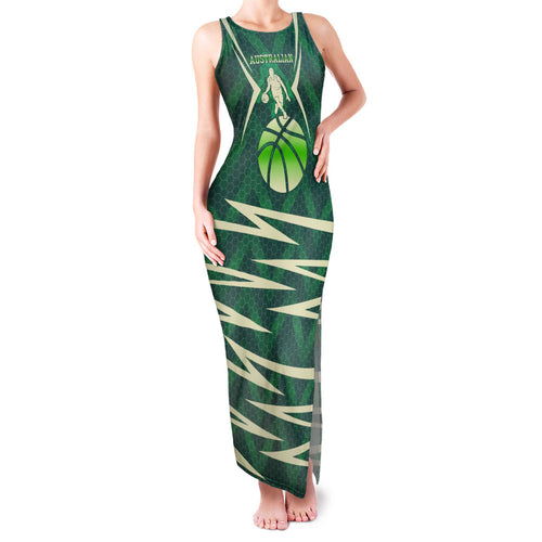 Australian Boomers Basketball Family Matching Tank Maxi Dress and Hawaiian Shirt Green Hexagon Camo Style With Dynamic Slam Dunk Graphic