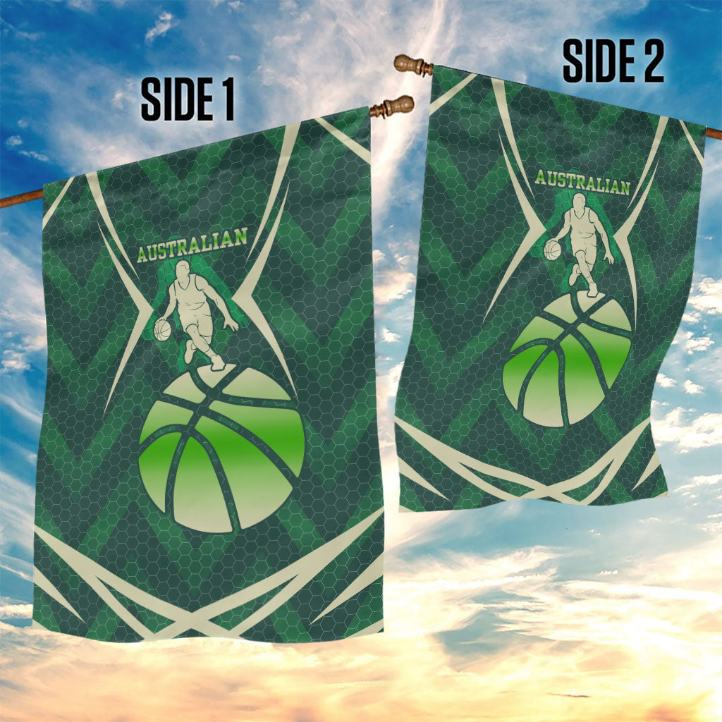Australian Boomers Basketball Garden Flag Green Hexagon Camo Style With Dynamic Slam Dunk Graphic