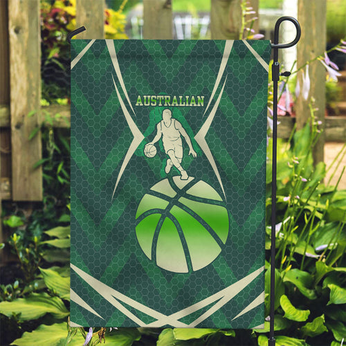 Australian Boomers Basketball Garden Flag Green Hexagon Camo Style With Dynamic Slam Dunk Graphic