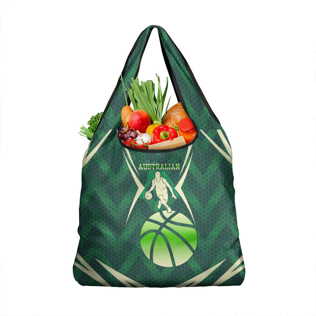 Australian Boomers Basketball Grocery Bag Green Hexagon Camo Style With Dynamic Slam Dunk Graphic
