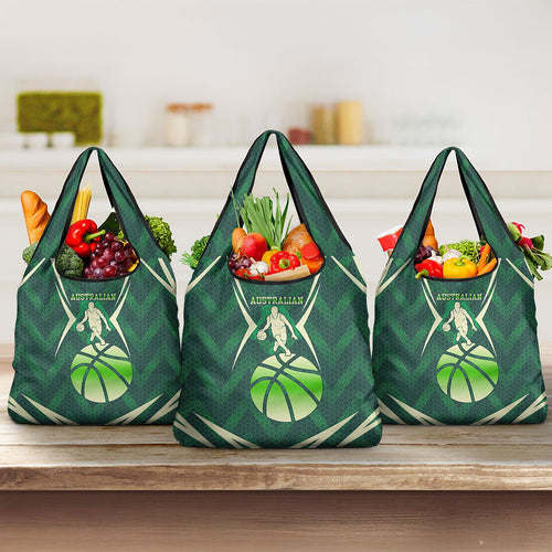 Australian Boomers Basketball Grocery Bag Green Hexagon Camo Style With Dynamic Slam Dunk Graphic