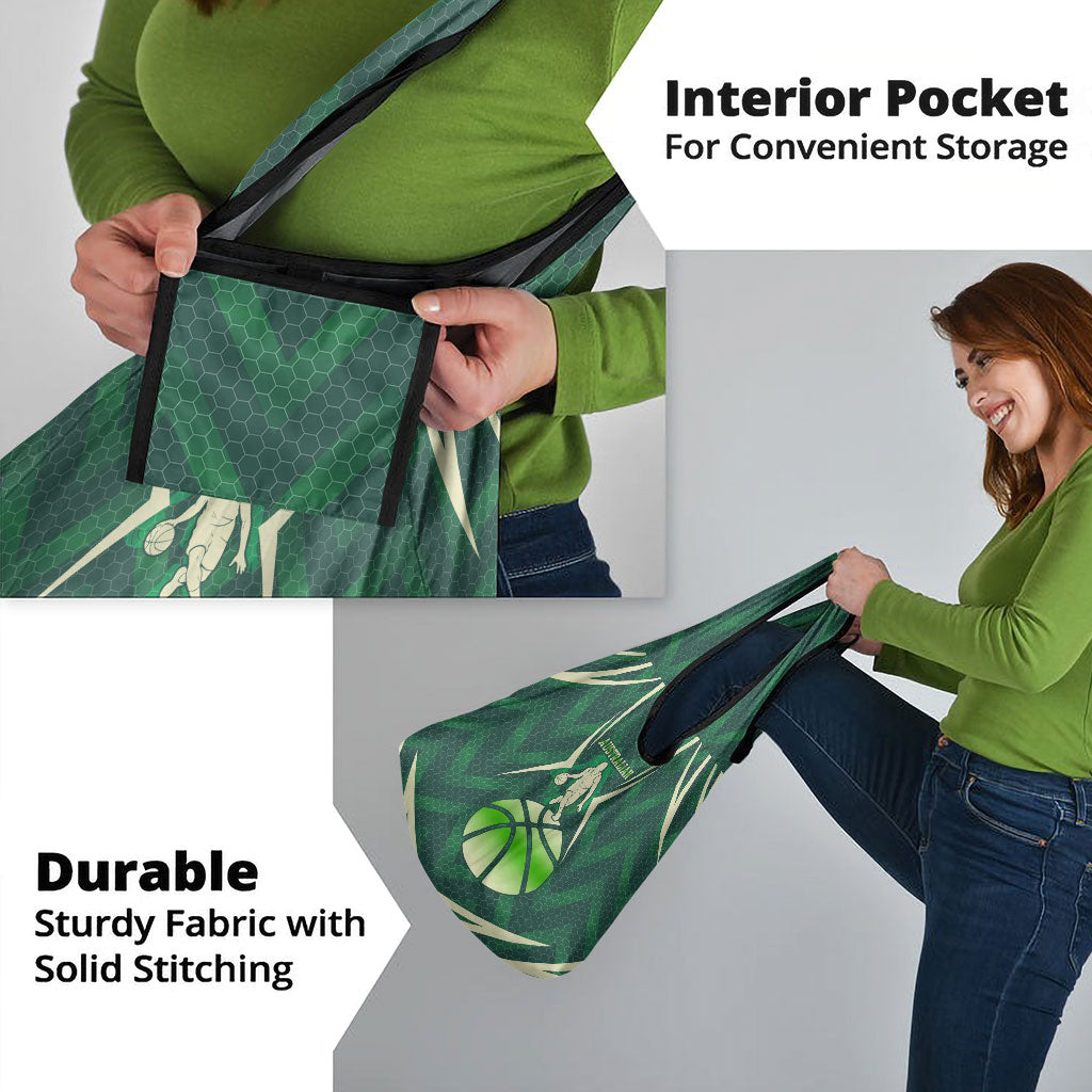 Australian Boomers Basketball Grocery Bag Green Hexagon Camo Style With Dynamic Slam Dunk Graphic
