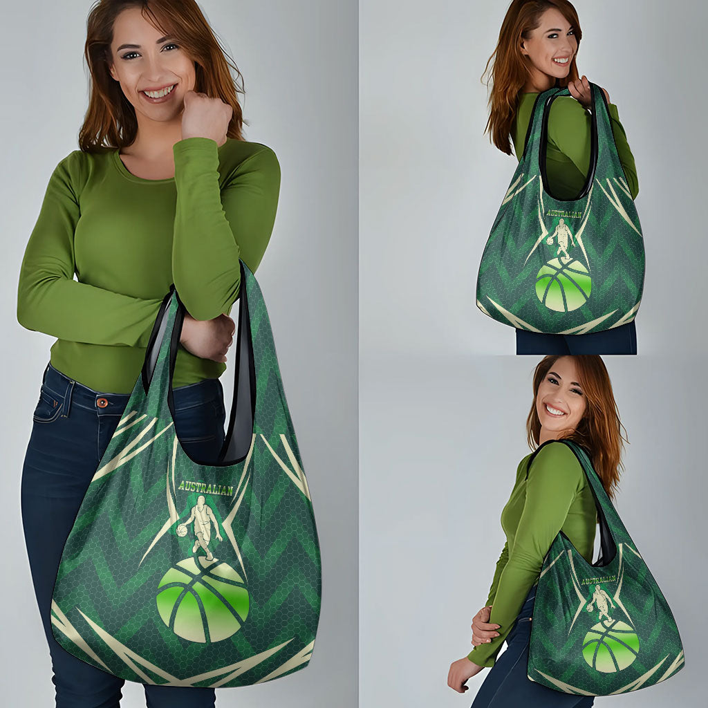 Australian Boomers Basketball Grocery Bag Green Hexagon Camo Style With Dynamic Slam Dunk Graphic