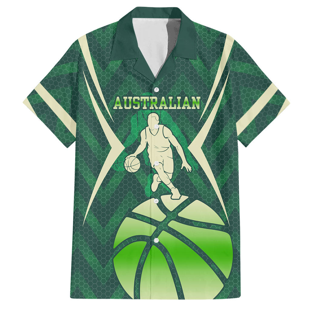 Australian Boomers Basketball Hawaiian Shirt Green Hexagon Camo Style With Dynamic Slam Dunk Graphic