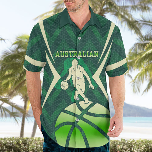 Australian Boomers Basketball Hawaiian Shirt Green Hexagon Camo Style With Dynamic Slam Dunk Graphic