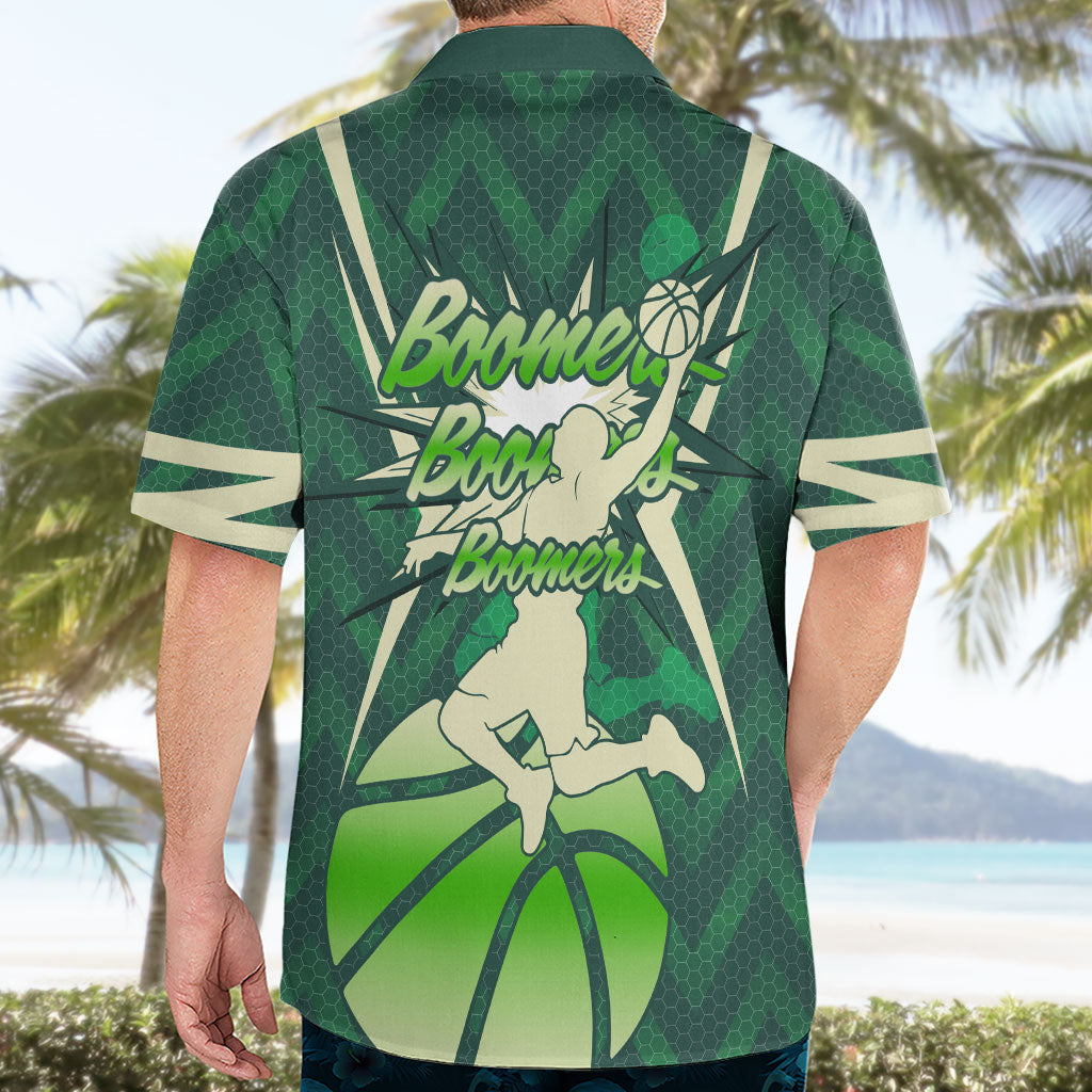 Australian Boomers Basketball Hawaiian Shirt Green Hexagon Camo Style With Dynamic Slam Dunk Graphic
