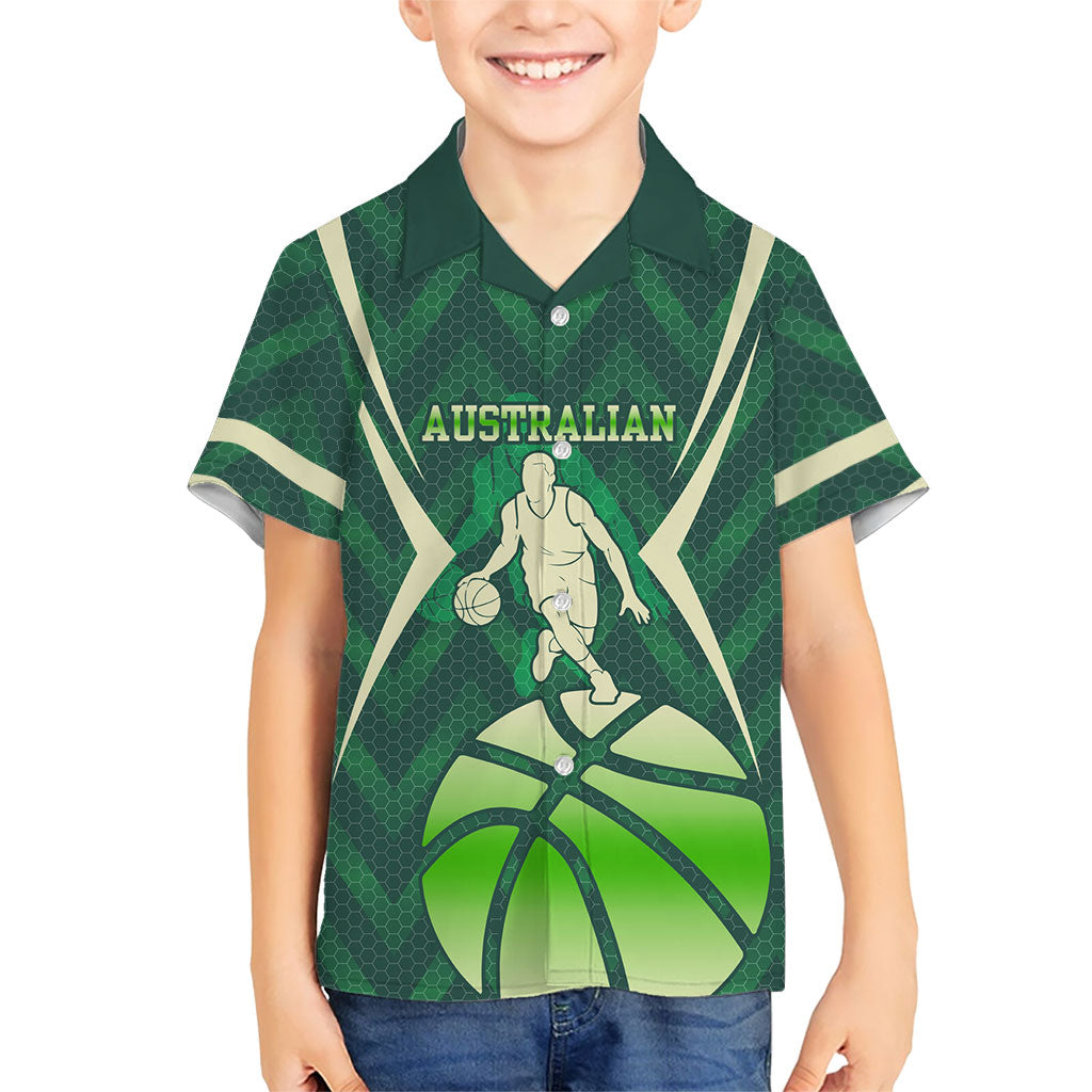 Australian Boomers Basketball Hawaiian Shirt Green Hexagon Camo Style With Dynamic Slam Dunk Graphic