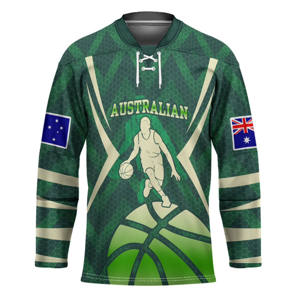 Australian Boomers Basketball Hockey Jersey Green Hexagon Camo Style With Dynamic Slam Dunk Graphic