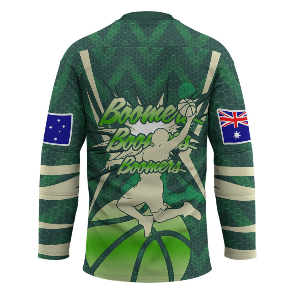Australian Boomers Basketball Hockey Jersey Green Hexagon Camo Style With Dynamic Slam Dunk Graphic