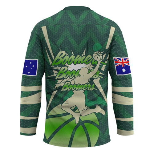 Australian Boomers Basketball Hockey Jersey Green Hexagon Camo Style With Dynamic Slam Dunk Graphic