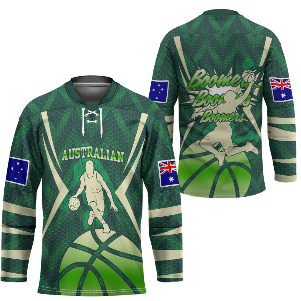 Australian Boomers Basketball Hockey Jersey Green Hexagon Camo Style With Dynamic Slam Dunk Graphic