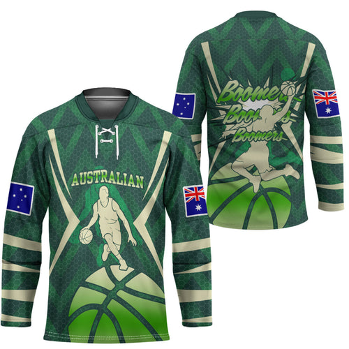 Australian Boomers Basketball Hockey Jersey Green Hexagon Camo Style With Dynamic Slam Dunk Graphic