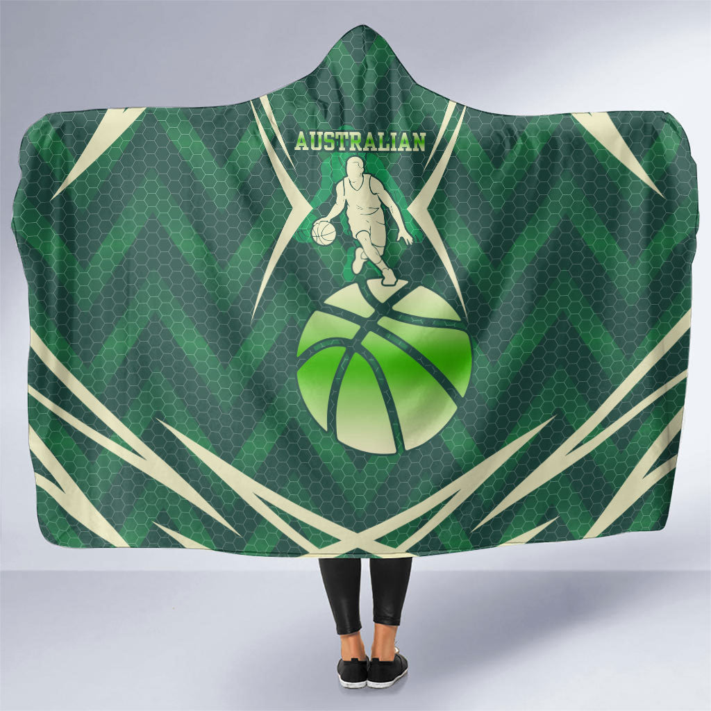 Australian Boomers Basketball Hooded Blanket Green Hexagon Camo Style With Dynamic Slam Dunk Graphic