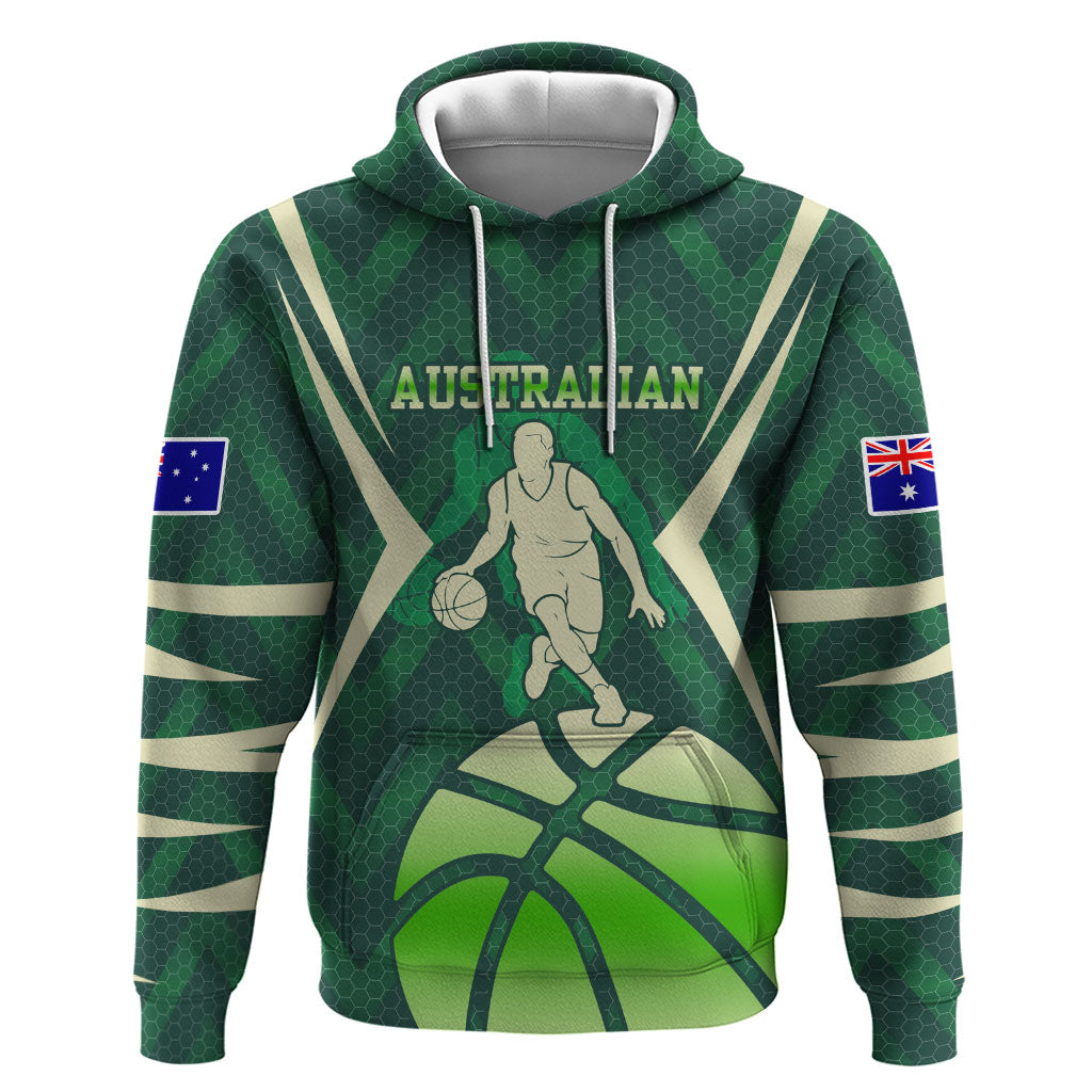 Australian Boomers Basketball Hoodie Green Hexagon Camo Style With Dynamic Slam Dunk Graphic