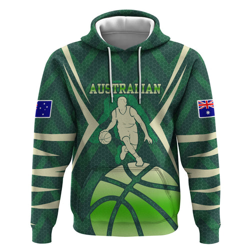 Australian Boomers Basketball Hoodie Green Hexagon Camo Style With Dynamic Slam Dunk Graphic