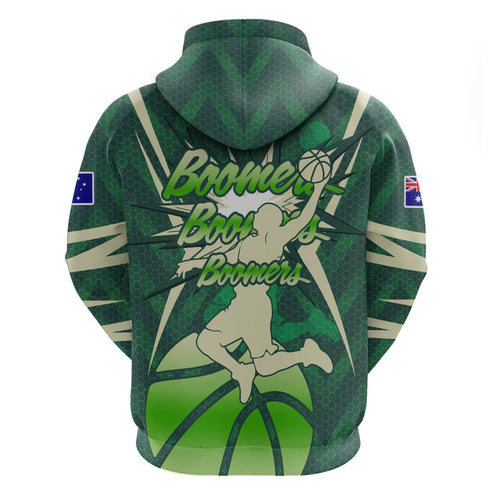 Australian Boomers Basketball Hoodie Green Hexagon Camo Style With Dynamic Slam Dunk Graphic